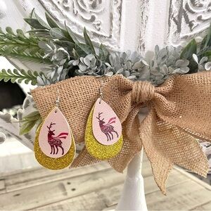 Christmas Faux Leather Teardrop Dangle Earrings Happy New Year Reindeer